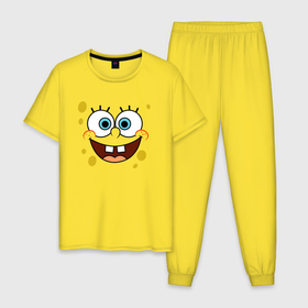 Мужская пижама хлопок с принтом SpongeBob SquarePants в Екатеринбурге, 100% хлопок | брюки и футболка прямого кроя, без карманов, на брюках мягкая резинка на поясе и по низу штанин
 | sponge bob | spongebob | губка боб | квадратные штаны | сквэр пэнтс | спанч боб