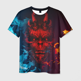 Мужская футболка 3D с принтом Diablo Fire Ice в Новосибирске, 100% полиэфир | прямой крой, круглый вырез горловины, длина до линии бедер | black | demon | devil | fire | hell | horns | ice | prints | top | trend | ад | демон | дьявол | лёд | огонь | принты | рога | топ | тренд | черный