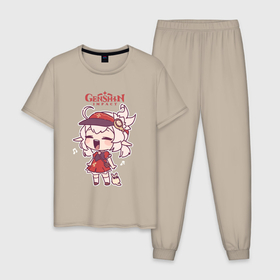 Мужская пижама хлопок с принтом Genshin Impact Mini Kli в Новосибирске, 100% хлопок | брюки и футболка прямого кроя, без карманов, на брюках мягкая резинка на поясе и по низу штанин
 | Тематика изображения на принте: genshin | impact | kli | mini | pyro | red girl | влияние | геншин | импакт | кли | красная девушка | пиро