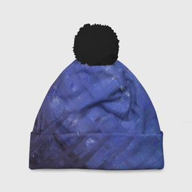 Шапка 3D c помпоном с принтом Синие акварельные мазки в Екатеринбурге, 100% полиэстер | универсальный размер, печать по всей поверхности изделия | акварель | арт | краски | мазки | мазки красок | рисунок | рисунок акварелью | рисунок красками