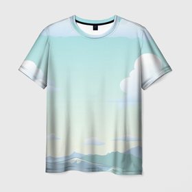 Мужская футболка 3D с принтом Чистая природа в Санкт-Петербурге, 100% полиэфир | прямой крой, круглый вырез горловины, длина до линии бедер | арт | голубое небо | гора | горы | небо | облака | облако | природа | рисунок | синее небо | синий