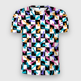 Мужская футболка 3D Slim с принтом Разноцветные Шахматные Фигуры в Тюмени, 100% полиэстер с улучшенными характеристиками | приталенный силуэт, круглая горловина, широкие плечи, сужается к линии бедра | 