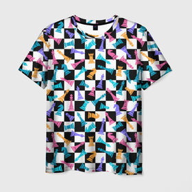 Мужская футболка 3D с принтом Разноцветные Шахматные Фигуры в Тюмени, 100% полиэфир | прямой крой, круглый вырез горловины, длина до линии бедер | 