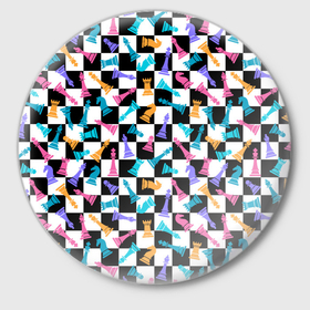 Значок с принтом Разноцветные Шахматные Фигуры в Курске,  металл | круглая форма, металлическая застежка в виде булавки | Тематика изображения на принте: 