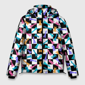 Мужская зимняя куртка 3D с принтом Разноцветные Шахматные Фигуры , верх — 100% полиэстер; подкладка — 100% полиэстер; утеплитель — 100% полиэстер | длина ниже бедра, свободный силуэт Оверсайз. Есть воротник-стойка, отстегивающийся капюшон и ветрозащитная планка. 

Боковые карманы с листочкой на кнопках и внутренний карман на молнии. | Тематика изображения на принте: 