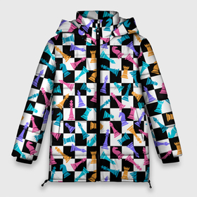 Женская зимняя куртка Oversize с принтом Разноцветные Шахматные Фигуры в Новосибирске, верх — 100% полиэстер; подкладка — 100% полиэстер; утеплитель — 100% полиэстер | длина ниже бедра, силуэт Оверсайз. Есть воротник-стойка, отстегивающийся капюшон и ветрозащитная планка. 

Боковые карманы с листочкой на кнопках и внутренний карман на молнии | Тематика изображения на принте: 