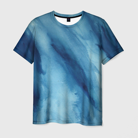 Мужская футболка 3D с принтом Голубой мрамор в Курске, 100% полиэфир | прямой крой, круглый вырез горловины, длина до линии бедер | акварель | арт | краски | мазки | мазки красок | мрамор | рисунок | рисунок акварелью | рисунок красками | синий