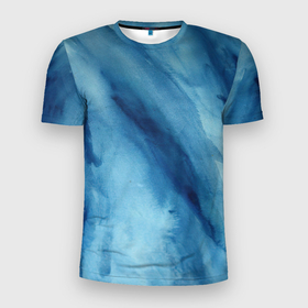 Мужская футболка 3D Slim с принтом Голубой мрамор , 100% полиэстер с улучшенными характеристиками | приталенный силуэт, круглая горловина, широкие плечи, сужается к линии бедра | акварель | арт | краски | мазки | мазки красок | мрамор | рисунок | рисунок акварелью | рисунок красками | синий