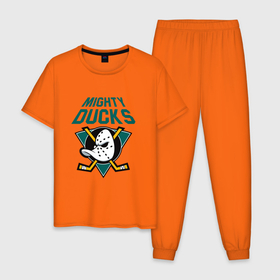 Мужская пижама хлопок с принтом Анахайм Дакс, Mighty Ducks в Новосибирске, 100% хлопок | брюки и футболка прямого кроя, без карманов, на брюках мягкая резинка на поясе и по низу штанин
 | anahaim ducks | anaheim | anaheim ducks | ducks | hockey | mighty ducks | nhl | usa | дакс | могучие утята | нхл | спорт | сша | хоккей | шайба