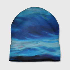 Шапка 3D с принтом Акварельное море в Белгороде, 100% полиэстер | универсальный размер, печать по всей поверхности изделия | акварель | арт | вода | краски | мазки | мазки красок | море | рисунок | рисунок акварелью | рисунок красками | тёмная вода