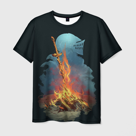 Мужская футболка 3D с принтом Witcher 3 костер в Екатеринбурге, 100% полиэфир | прямой крой, круглый вырез горловины, длина до линии бедер | Тематика изображения на принте: witcher 3 | костер | меч | огонь | рыцарь