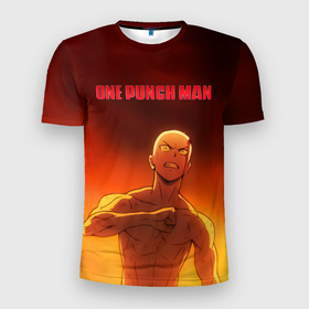 Мужская футболка 3D Slim с принтом Сайтама в огне One Punch Man в Новосибирске, 100% полиэстер с улучшенными характеристиками | приталенный силуэт, круглая горловина, широкие плечи, сужается к линии бедра | hagemanto | one punch man | one punchman | onepunchman | saitama | sensei | аниме | ван панч мен | ванпанчмен | лысый плащ | манга | сайтама | сильнейший человек | учитель | человек одинудар | человек одного удара