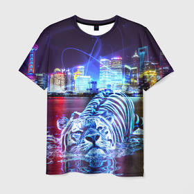 Мужская футболка 3D с принтом Плывущий неоновый тигр в Белгороде, 100% полиэфир | прямой крой, круглый вырез горловины, длина до линии бедер | год тигра | животные | неоновый тиг | плывущий тигр | тигр
