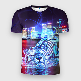 Мужская футболка 3D спортивная с принтом Плывущий неоновый тигр в Петрозаводске, 100% полиэстер с улучшенными характеристиками | приталенный силуэт, круглая горловина, широкие плечи, сужается к линии бедра | год тигра | животные | неоновый тиг | плывущий тигр | тигр