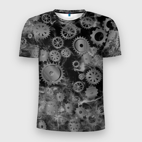 Мужская футболка 3D Slim с принтом механизм и дым, стимпанк в Белгороде, 100% полиэстер с улучшенными характеристиками | приталенный силуэт, круглая горловина, широкие плечи, сужается к линии бедра | болтики | дым | механизм | робот | серый | стимпанк | темный | часы | черный | шестеренки