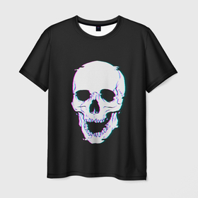 Мужская футболка 3D с принтом Неоновый светящийся череп в Новосибирске, 100% полиэфир | прямой крой, круглый вырез горловины, длина до линии бедер | bone | bones | color | glow | halloween | light | neon | skeleton | skull | кости | кость | неон | неоновый | свет | свечение | скелет | хэллоуин | цвет | череп