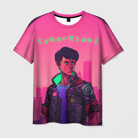 Мужская футболка 3D с принтом CyberMiami в Курске, 100% полиэфир | прямой крой, круглый вырез горловины, длина до линии бедер | Тематика изображения на принте: art | cyberpunk | cyberpunk2077 | hotline miami | miami