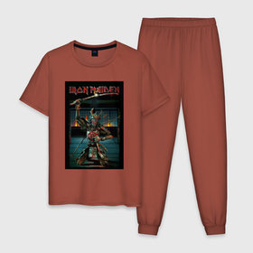Мужская пижама хлопок с принтом Iron Maiden Самурай в Белгороде, 100% хлопок | брюки и футболка прямого кроя, без карманов, на брюках мягкая резинка на поясе и по низу штанин
 | Тематика изображения на принте: iron maiden | metal | катана | метал | рок | самурай | харакири