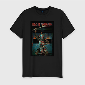 Мужская футболка хлопок Slim с принтом Iron Maiden Самурай в Курске, 92% хлопок, 8% лайкра | приталенный силуэт, круглый вырез ворота, длина до линии бедра, короткий рукав | iron maiden | metal | катана | метал | рок | самурай | харакири