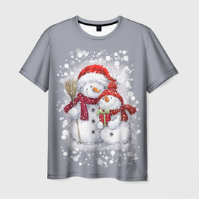 Мужская футболка 3D с принтом Два снеговика , 100% полиэфир | прямой крой, круглый вырез горловины, длина до линии бедер | Тематика изображения на принте: 2022 | год тигра | новогодний подарок | новый год | подарок на новый год | снег | снеговик | снеговики