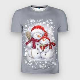 Мужская футболка 3D спортивная с принтом Два снеговика в Тюмени, 100% полиэстер с улучшенными характеристиками | приталенный силуэт, круглая горловина, широкие плечи, сужается к линии бедра | 2022 | год тигра | новогодний подарок | новый год | подарок на новый год | снег | снеговик | снеговики