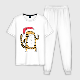 Мужская пижама хлопок с принтом Серьезный тигр в Курске, 100% хлопок | брюки и футболка прямого кроя, без карманов, на брюках мягкая резинка на поясе и по низу штанин
 | Тематика изображения на принте: 2022 | год тигра | новый год | новый год 2022 | символ года | тигр | тигренок | тигрица | тигры
