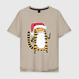 Мужская футболка хлопок Oversize с принтом Серьезный тигр в Курске, 100% хлопок | свободный крой, круглый ворот, “спинка” длиннее передней части | Тематика изображения на принте: 2022 | год тигра | новый год | новый год 2022 | символ года | тигр | тигренок | тигрица | тигры