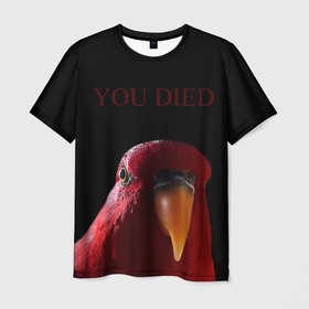 Мужская футболка 3D с принтом Красный попугай | Red parrot в Екатеринбурге, 100% полиэфир | прямой крой, круглый вырез горловины, длина до линии бедер | 3 | bird | dark | gumi | hideaki utsumi | meme | parrot | red | souls | tiktok | wue | wuewuewue | вуе | дарк | красная | красный | мем | попугай | птица | соулс | тикоток | япония