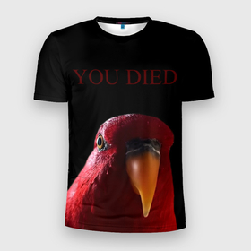 Мужская футболка 3D Slim с принтом Красный попугай | Red parrot в Новосибирске, 100% полиэстер с улучшенными характеристиками | приталенный силуэт, круглая горловина, широкие плечи, сужается к линии бедра | Тематика изображения на принте: 3 | bird | dark | gumi | hideaki utsumi | meme | parrot | red | souls | tiktok | wue | wuewuewue | вуе | дарк | красная | красный | мем | попугай | птица | соулс | тикоток | япония
