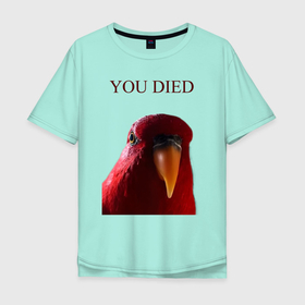 Мужская футболка хлопок Oversize с принтом Красный попугай wuewuewuewuewue в Курске, 100% хлопок | свободный крой, круглый ворот, “спинка” длиннее передней части | 3 | bird | dark | gumi | hideaki utsumi | meme | red | souls | tiktok | wue | wuewuewue | вуе | дарк | красная | красный | мем | попугай | птица | соулс | тикоток | япония