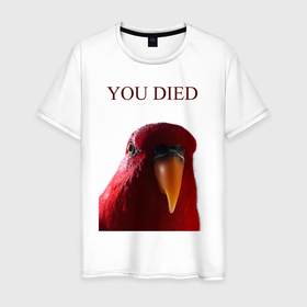 Мужская футболка хлопок с принтом Красный попугай wuewuewuewuewue в Курске, 100% хлопок | прямой крой, круглый вырез горловины, длина до линии бедер, слегка спущенное плечо. | 3 | bird | dark | gumi | hideaki utsumi | meme | red | souls | tiktok | wue | wuewuewue | вуе | дарк | красная | красный | мем | попугай | птица | соулс | тикоток | япония