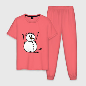 Мужская пижама хлопок с принтом Снеговик в дудл стиле в Тюмени, 100% хлопок | брюки и футболка прямого кроя, без карманов, на брюках мягкая резинка на поясе и по низу штанин
 | дудл | зима | зимний | нарисованный | от руки | снег | снеговик