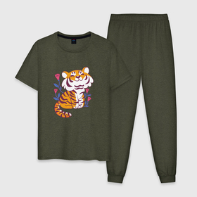 Мужская пижама хлопок с принтом Cute little tiger cub в Петрозаводске, 100% хлопок | брюки и футболка прямого кроя, без карманов, на брюках мягкая резинка на поясе и по низу штанин
 | Тематика изображения на принте: 2022 | 2022 год | happy new year | santa | год тигра | дед мороз | каникулы | мороз | новогодний свитер | новый год | новый год 2022 | новый год тигра | оливье | праздник | рождество | санта клаус | свитер новогодний