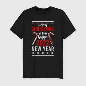 Мужская футболка хлопок Slim с принтом Happy 2022 NY в Белгороде, 92% хлопок, 8% лайкра | приталенный силуэт, круглый вырез ворота, длина до линии бедра, короткий рукав | 2022 | 2022 год | happy new year | santa | год тигра | дед мороз | каникулы | мороз | новогодний свитер | новый год | новый год 2022 | новый год тигра | оливье | праздник | рождество | санта клаус | свитер новогодний