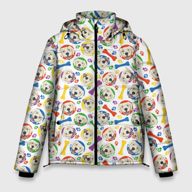 Мужская зимняя куртка 3D с принтом Золотистый Ретривер (красочный дизайн) в Екатеринбурге, верх — 100% полиэстер; подкладка — 100% полиэстер; утеплитель — 100% полиэстер | длина ниже бедра, свободный силуэт Оверсайз. Есть воротник-стойка, отстегивающийся капюшон и ветрозащитная планка. 

Боковые карманы с листочкой на кнопках и внутренний карман на молнии. | Тематика изображения на принте: animal | dog | golden retriever | барбос | бобик | год собаки | голден ретривер | друг человека | животное | зверь | золотистый ретривер | ищейка | кинолог | кость | лайка | лапы | пес | собака | собачка | хищник