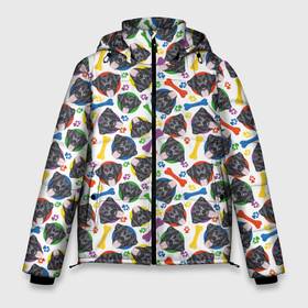 Мужская зимняя куртка 3D с принтом Чёрный Лабрадор (красочный дизайн) в Новосибирске, верх — 100% полиэстер; подкладка — 100% полиэстер; утеплитель — 100% полиэстер | длина ниже бедра, свободный силуэт Оверсайз. Есть воротник-стойка, отстегивающийся капюшон и ветрозащитная планка. 

Боковые карманы с листочкой на кнопках и внутренний карман на молнии. | animal | dog | labrador | барбос | бобик | год собаки | друг человека | животное | зверь | ищейка | кинолог | кость | лабрадор | лайка | лапы | пес | собака | собачка | хищник | чёрный лабрадор | четвероногий