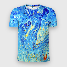 Мужская футболка 3D Slim с принтом Сползающие краски в Новосибирске, 100% полиэстер с улучшенными характеристиками | приталенный силуэт, круглая горловина, широкие плечи, сужается к линии бедра | акварель | арт | белый | жёлтый | краски | мазки | мазки красок | рисунок | рисунок акварелью | рисунок красками | синий
