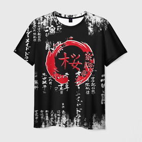 Мужская футболка 3D с принтом Кандзи Сакура Иероглифы Аниме в Кировске, 100% полиэфир | прямой крой, круглый вырез горловины, длина до линии бедер | anime | grunge | japan | аниме | анимэ | бусидо | гранж | иероглифы | полосы | потертости | самурай | символ | узоры | цветы | япония | японский