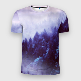 Мужская футболка 3D Slim с принтом ЛЕСНОЙ ТУМАН в Петрозаводске, 100% полиэстер с улучшенными характеристиками | приталенный силуэт, круглая горловина, широкие плечи, сужается к линии бедра | влага | деревья | лес | облака | природа | туман
