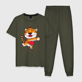 Мужская пижама хлопок с принтом Танцующий тигр в Петрозаводске, 100% хлопок | брюки и футболка прямого кроя, без карманов, на брюках мягкая резинка на поясе и по низу штанин
 | 2022 | год тигра | новый год | новый год 2022 | символ года | тигр | тигренок | тигрица | тигры