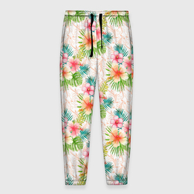 Мужские брюки 3D с принтом Гавайские цветы в Петрозаводске, 100% полиэстер | манжеты по низу, эластичный пояс регулируется шнурком, по бокам два кармана без застежек, внутренняя часть кармана из мелкой сетки | гаваи | джунгли | лето | тропики | цветочки | цветы