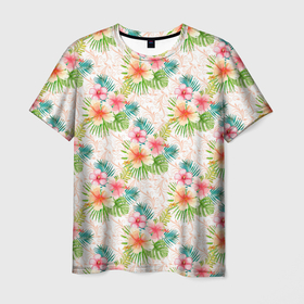 Мужская футболка 3D с принтом Гавайские цветы в Петрозаводске, 100% полиэфир | прямой крой, круглый вырез горловины, длина до линии бедер | гаваи | джунгли | лето | тропики | цветочки | цветы