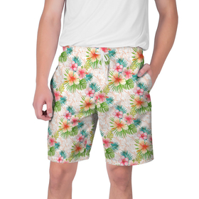 Мужские шорты 3D с принтом Гавайские цветы в Белгороде,  полиэстер 100% | прямой крой, два кармана без застежек по бокам. Мягкая трикотажная резинка на поясе, внутри которой широкие завязки. Длина чуть выше колен | гаваи | джунгли | лето | тропики | цветочки | цветы
