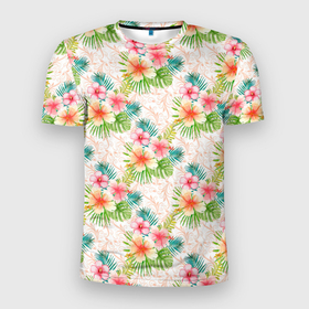 Мужская футболка 3D Slim с принтом Гавайские цветы в Петрозаводске, 100% полиэстер с улучшенными характеристиками | приталенный силуэт, круглая горловина, широкие плечи, сужается к линии бедра | гаваи | джунгли | лето | тропики | цветочки | цветы