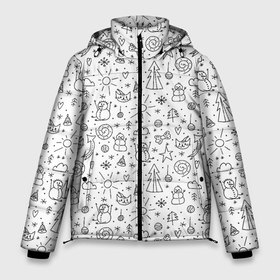 Мужская зимняя куртка 3D с принтом Зимнее дудл настроение в Екатеринбурге, верх — 100% полиэстер; подкладка — 100% полиэстер; утеплитель — 100% полиэстер | длина ниже бедра, свободный силуэт Оверсайз. Есть воротник-стойка, отстегивающийся капюшон и ветрозащитная планка. 

Боковые карманы с листочкой на кнопках и внутренний карман на молнии. | бант | бантик | дудл | дудлики | елка | елочка | колокольчик | кот | нарисованный | облако | от руки | сердечко | сердце | снег | снеговик | снежинка | солнце | шарик