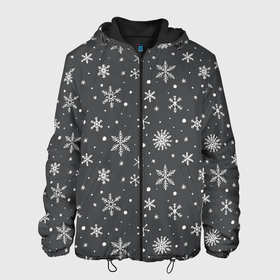 Мужская куртка 3D с принтом Белые снежинки на сером фоне в Новосибирске, ткань верха — 100% полиэстер, подклад — флис | прямой крой, подол и капюшон оформлены резинкой с фиксаторами, два кармана без застежек по бокам, один большой потайной карман на груди. Карман на груди застегивается на липучку | белый | зима | зимний | серый | снег | снежинки | темный