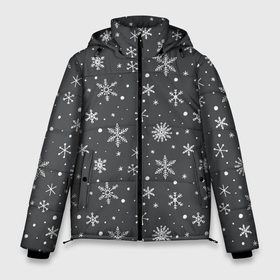 Мужская зимняя куртка 3D с принтом Белые снежинки на сером фоне в Санкт-Петербурге, верх — 100% полиэстер; подкладка — 100% полиэстер; утеплитель — 100% полиэстер | длина ниже бедра, свободный силуэт Оверсайз. Есть воротник-стойка, отстегивающийся капюшон и ветрозащитная планка. 

Боковые карманы с листочкой на кнопках и внутренний карман на молнии. | белый | зима | зимний | серый | снег | снежинки | темный