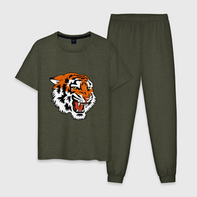 Мужская пижама хлопок с принтом Smiling Tiger в Кировске, 100% хлопок | брюки и футболка прямого кроя, без карманов, на брюках мягкая резинка на поясе и по низу штанин
 | Тематика изображения на принте: 2022 | animal | cat | lion | tiger | год тигра | животные | зверь | зубы | кот | кошка | лев | охотник | полосатый | природа | тигр | тигренок | тигрица | хищник
