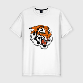 Мужская футболка хлопок Slim с принтом Smiling Tiger в Кировске, 92% хлопок, 8% лайкра | приталенный силуэт, круглый вырез ворота, длина до линии бедра, короткий рукав | 2022 | animal | cat | lion | tiger | год тигра | животные | зверь | зубы | кот | кошка | лев | охотник | полосатый | природа | тигр | тигренок | тигрица | хищник