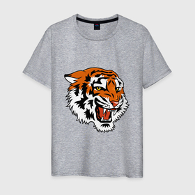 Мужская футболка хлопок с принтом Smiling Tiger в Новосибирске, 100% хлопок | прямой крой, круглый вырез горловины, длина до линии бедер, слегка спущенное плечо. | Тематика изображения на принте: 2022 | animal | cat | lion | tiger | год тигра | животные | зверь | зубы | кот | кошка | лев | охотник | полосатый | природа | тигр | тигренок | тигрица | хищник